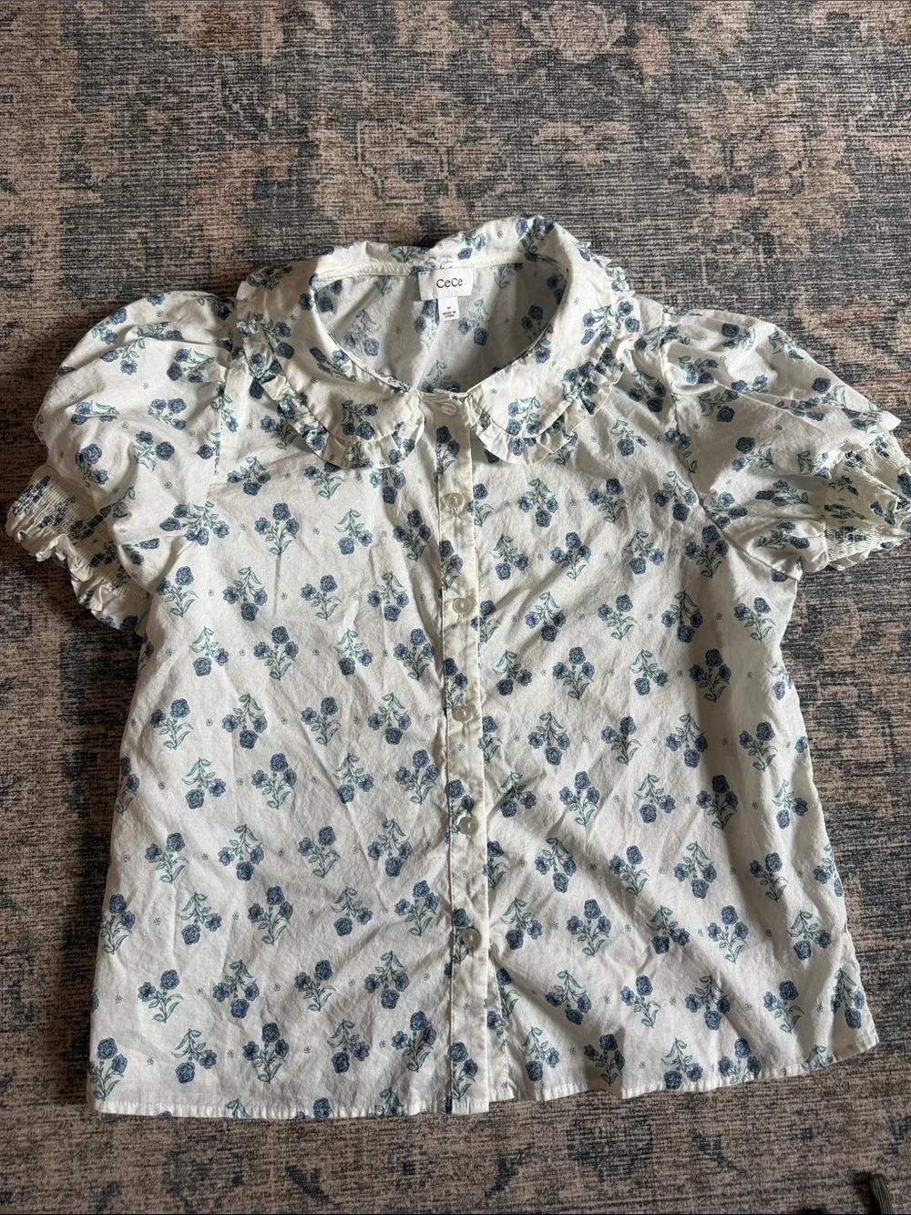 CeCe Cream Blouse with Blue Floral Print and Puff Sleeves